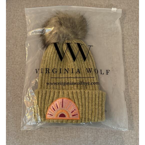 Virginia Wolf Sunray Beanie Hat Faux Fur Snap on Pom Gold Mustard Knit Beachly - Picture 2 of 6